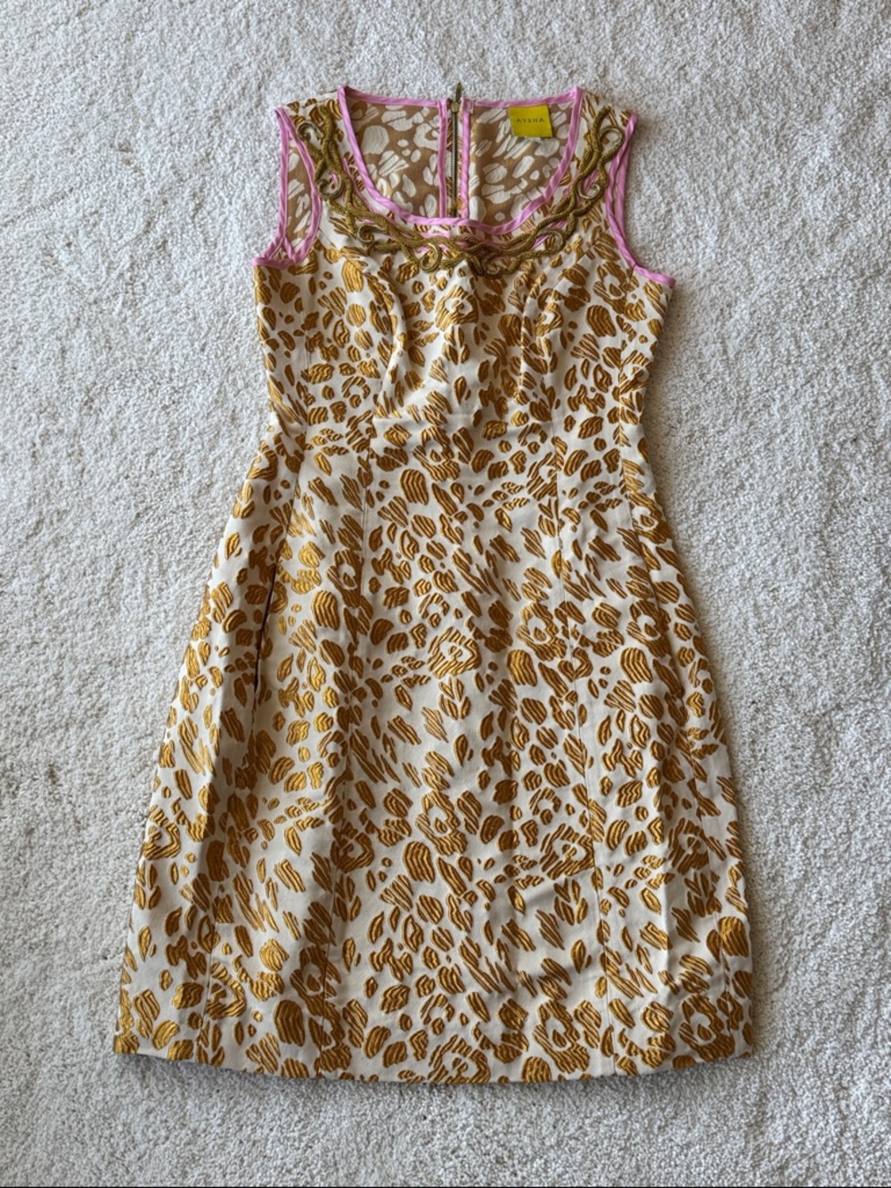 Aysha Sleeveless Cocktail Dress with Gold Leaf Print and Pink Trim